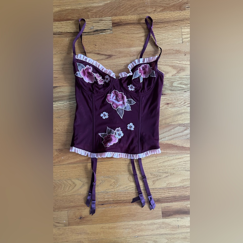 Burgundy Red Rose Embroidered Corset Wired Bustier Lingerie